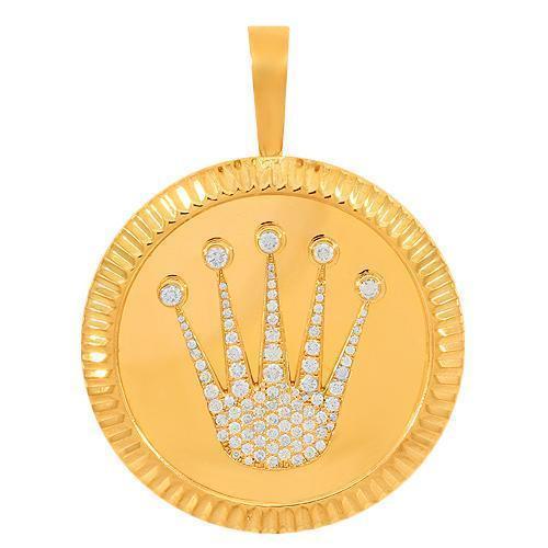 14K Solid Yellow Gold Mens Custom Crown Pendant 1.75 Ctw
