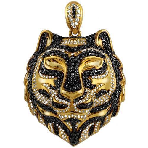 14K Solid Yellow Gold Mens Custom Design Diamond Tiger Pendant With White And Black Diamonds 9.00 Ctw