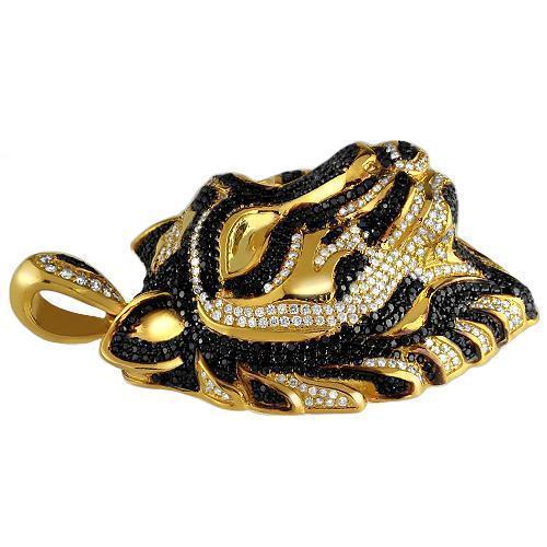 14K Solid Yellow Gold Mens Custom Design Diamond Tiger Pendant With White And Black Diamonds 9.00 Ctw