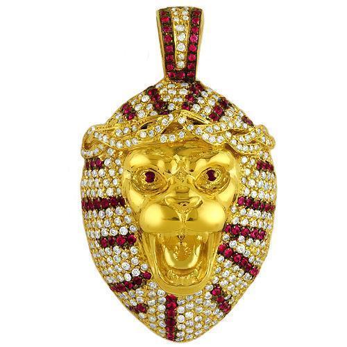 14K Solid Yellow Gold Mens Custom Design Diamond Tiger Pendant With White And Red Diamonds