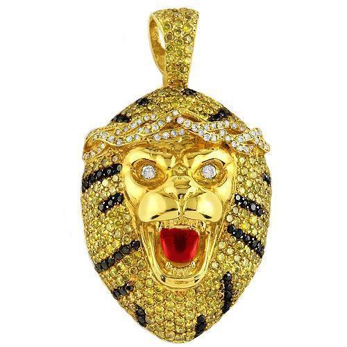 Yellow 14K Solid Yellow Gold Mens Custom Design Diamond Tiger Pendant with White, Black and Yellow Diamonds