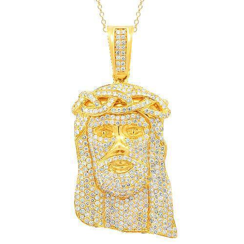 14K Solid Yellow Gold Mens Custom Diamond Jesus Head Pendant 25.00 Ctw