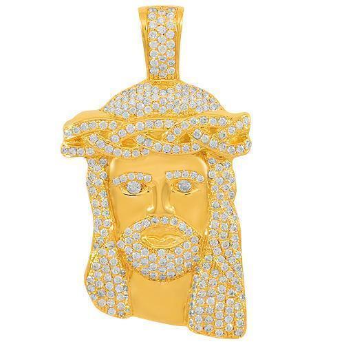 14K Solid Yellow Gold Mens Diamond Jesus Head Pendant 4.00 Ctw