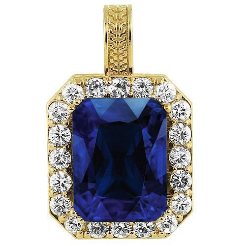 14K Solid Yellow Gold Mens Diamond Sapphire Pendant 4.00 Ctw