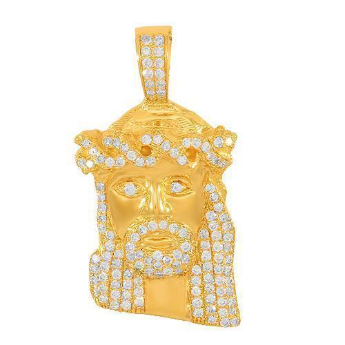 Yellow 14K Solid Yellow Gold Mens Small Jesus Head Pendant With Round Cut Diamonds 1.25 Ctw