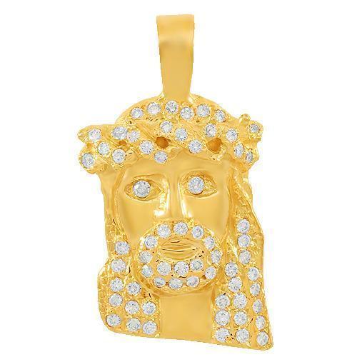 Yellow 14K Solid Yellow Gold Mens Small Jesus Head Pendant With Round Cut Diamonds 1.25 Ctw