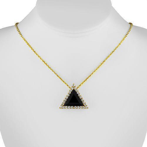 14K Solid Yellow Gold Triangular Diamond Pendant with Black Garnet 15.00 Ctw