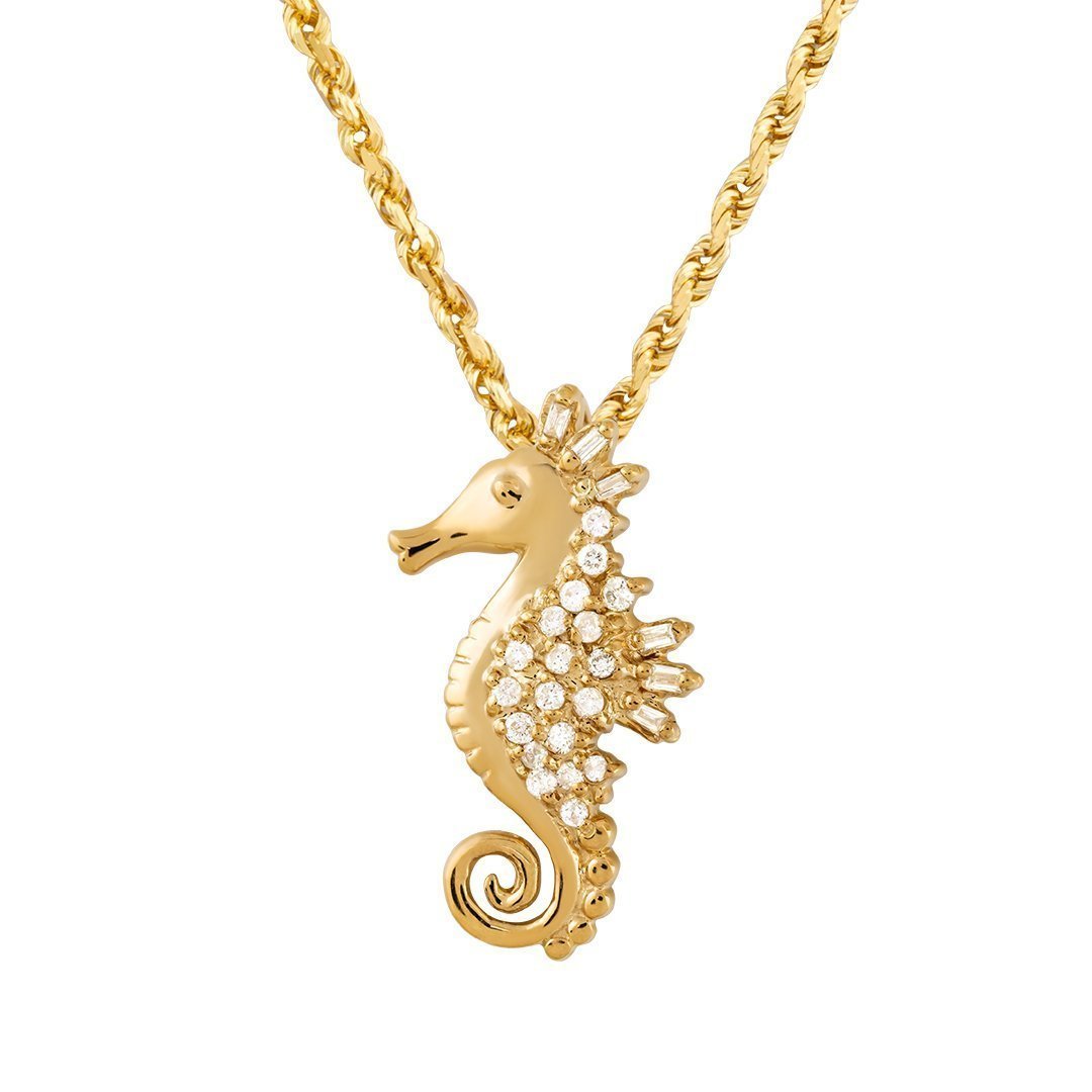 14K Solid Yellow Gold Diamond Seahorse Pendant 0.25 Ctw