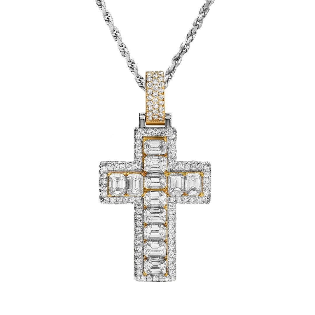 Two-Tone Gold Filigree Heart Cross Diamond Pendant Necklace