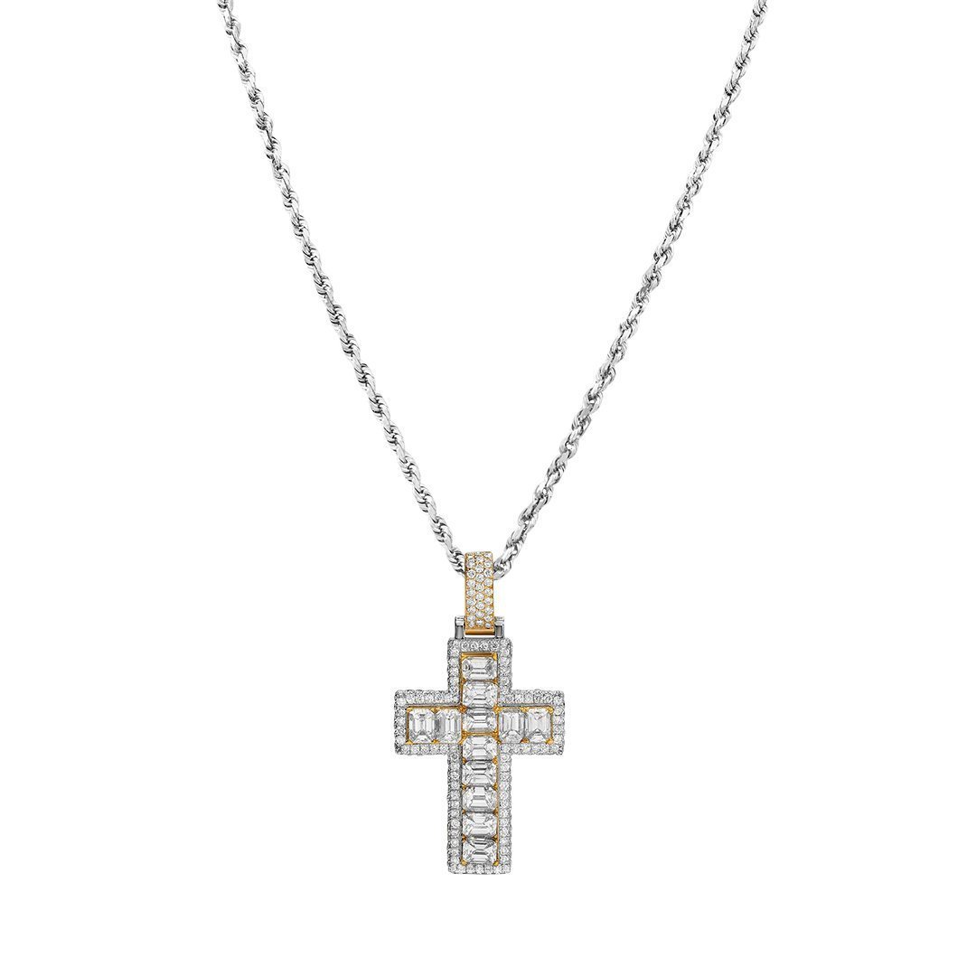 TwoTone 14k Two Tone VS Emerald Diamond Cross Pendant