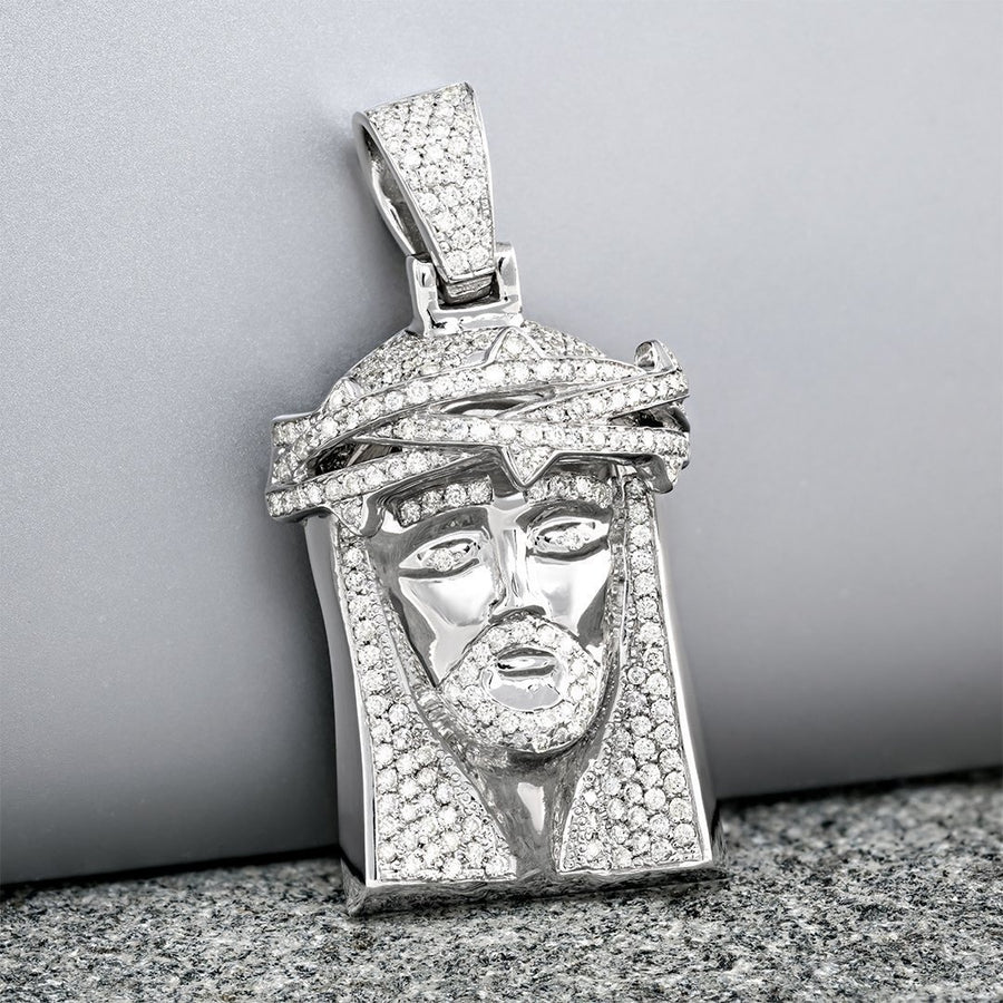 14K White Gold Jesus Head Pendant With Round Cut Diamonds 1.72 Ctw