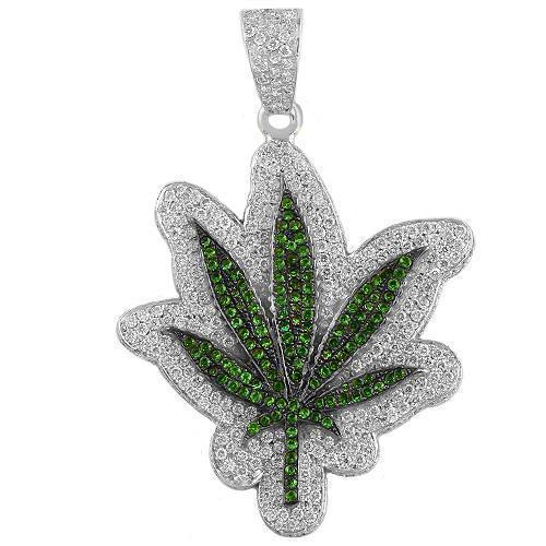14K White Gold Marijuana Leaf Emerald Diamond Pendant 3.00Ctw