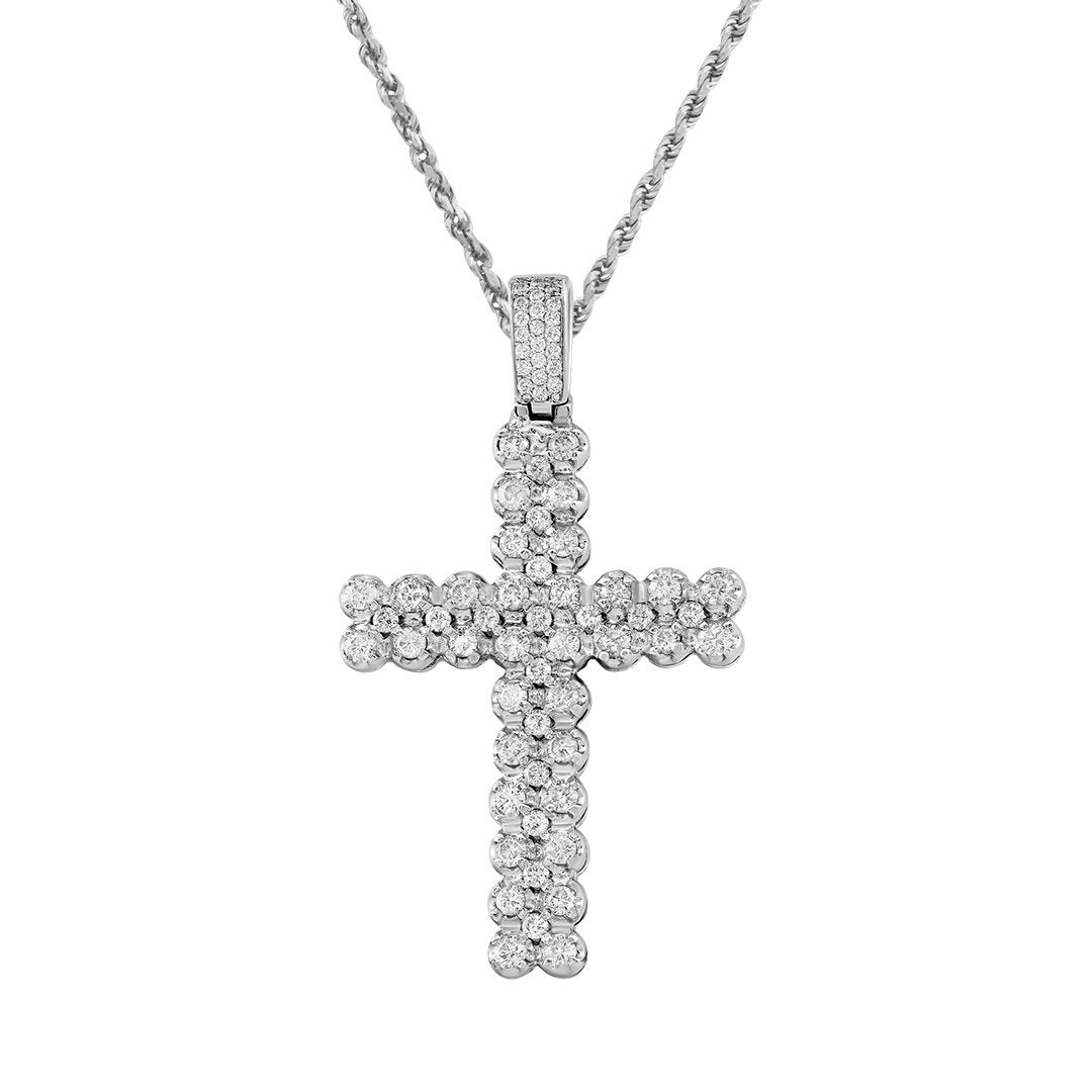 14k White Gold Two Row Diamond Cross Pendant 4 Ctw