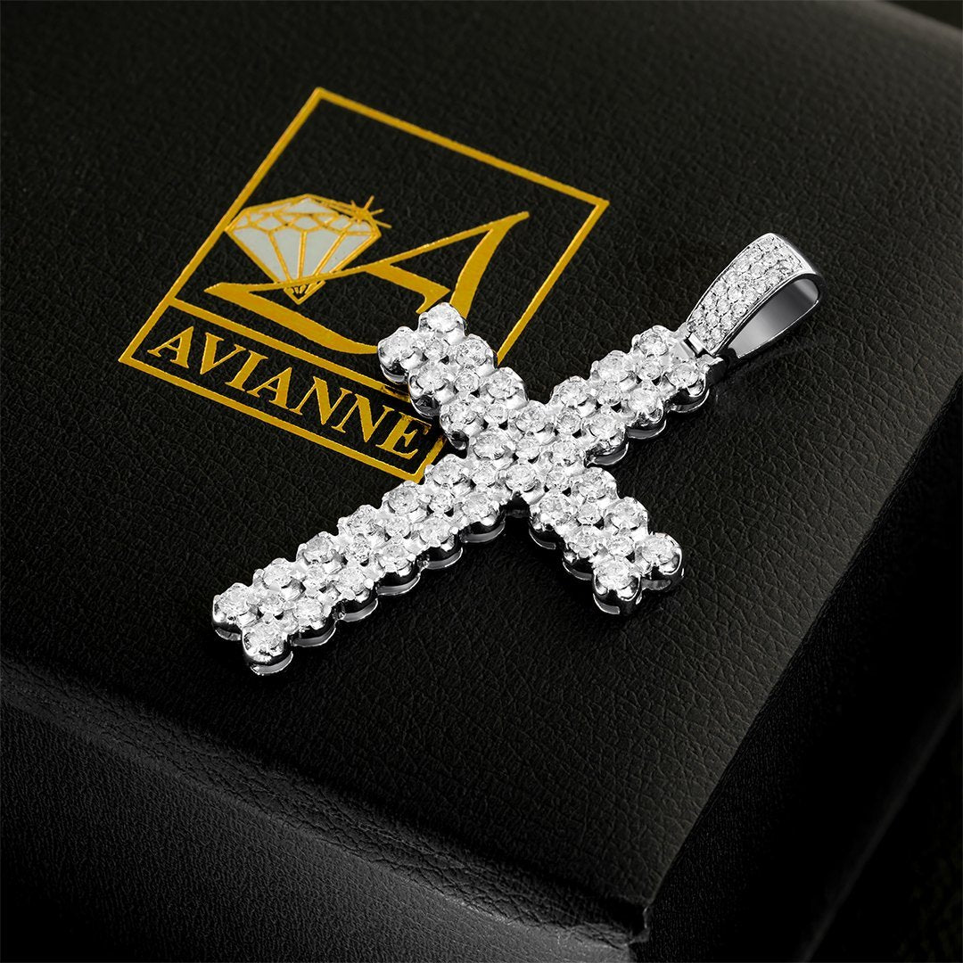 14k White Gold Two Row Diamond Cross Pendant 4 Ctw