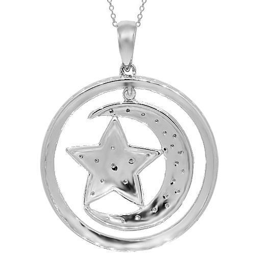 White 14K White Solid Gold Diamond Moon and Star Pendant 0.10 Ctw