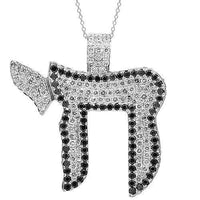Thumbnail for 14K White Solid Gold Mens Custom Diamond Chai Pendant with Black Diamonds 11.50 Ctw