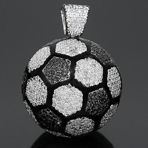 14K White Solid Gold Mens Custom Diamond Soccer Ball Pendant with Black Diamonds 13.50 Ctw