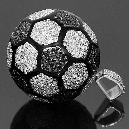 14K White Solid Gold Mens Custom Diamond Soccer Ball Pendant with Black Diamonds 13.50 Ctw