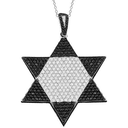 White 14K White Solid Gold Mens Custom Diamond Star of David Pendant with Black Diamonds