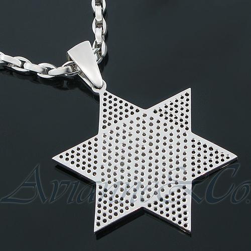 White 14K White Solid Gold Mens Custom Diamond Star of David Pendant with Black Diamonds