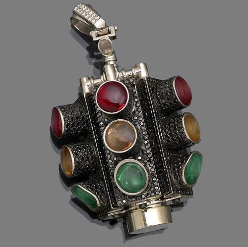 White 14K White Solid Gold Mens Custom Diamond Street Light Pendant with Black Diamonds