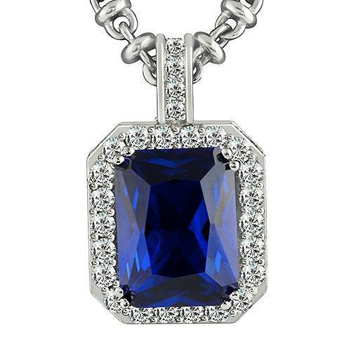 14K White Solid Gold Mens Diamond Blue Sapphire Pendant 25.09 Ctw