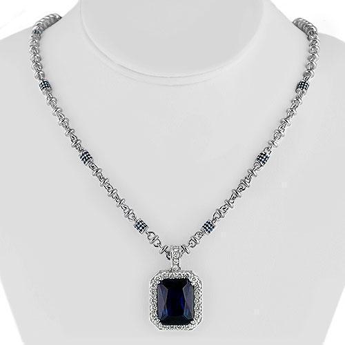 14K White Solid Gold Mens Diamond Blue Sapphire Pendant 25.09 Ctw