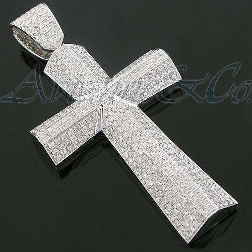 14K White Solid Gold Mens Diamond Cross Pendant 9.79 Ctw