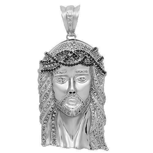 14K White Solid Gold Mens Diamond Jesus Face Pendant with Black Diamonds 3.50 Ctw