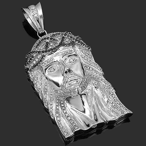 14K White Solid Gold Mens Diamond Jesus Face Pendant with Black Diamonds 3.50 Ctw