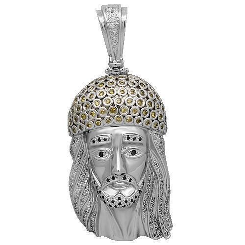 14K White Solid Gold Mens Diamond Jesus Head Pendant with Black and Yellow Diamonds 3.50 Ctw