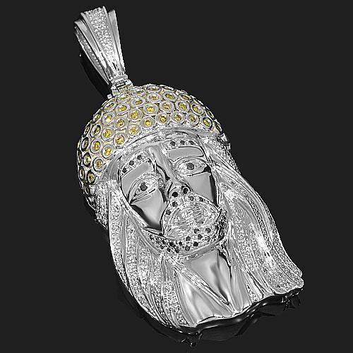 14K White Solid Gold Mens Diamond Jesus Head Pendant with Black and Yellow Diamonds 3.50 Ctw