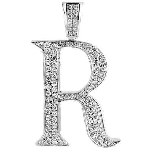14K White Solid Gold Mens Diamond Large Initial Letter R Pendant 5.75 Ctw