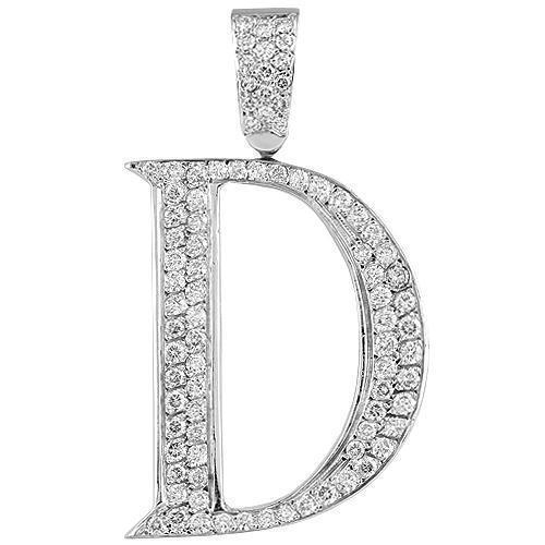 14K White Solid Gold Mens Diamond Large Letter D Initial Pendant 5.00 Ctw