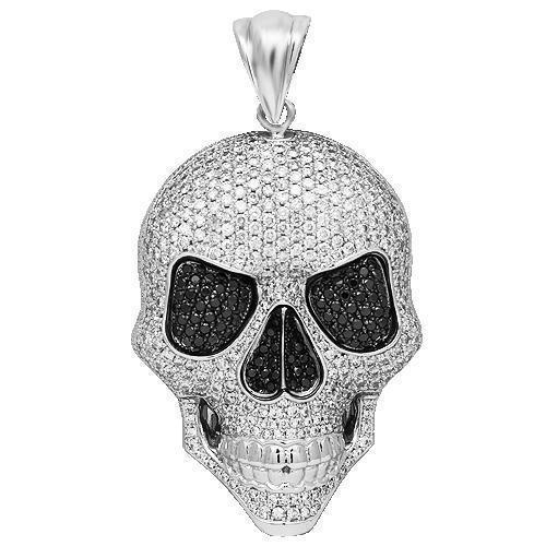 14K White Solid Gold Mens Diamond Skull Pendant with Black Diamonds 18.00 Ctw