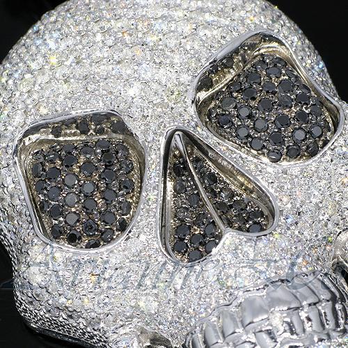 14K White Solid Gold Mens Diamond Skull Pendant with Black Diamonds 18.00 Ctw