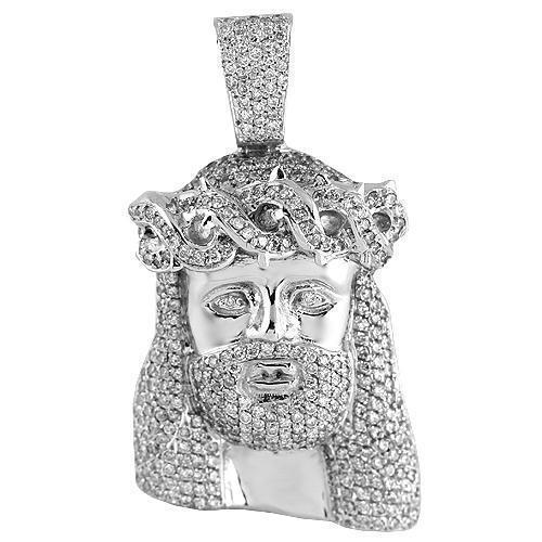 14K White Solid Gold Mens Hip Hop Diamond Jesus Head Pendant 3.00 Ctw
