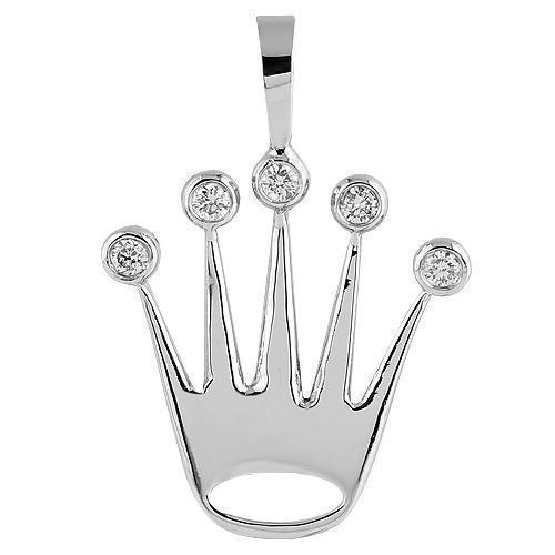 White 14K White Solid Gold Unisex Crown Pendant With Round Cut Diamonds 0.39 Ctw