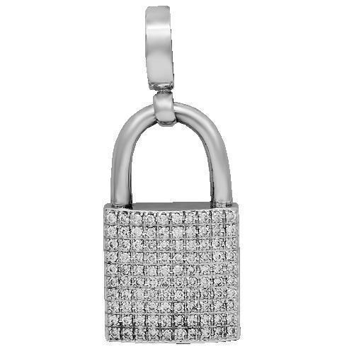 14K White Solid Gold Unisex Diamond Lock Pendant 4.27 Ctw