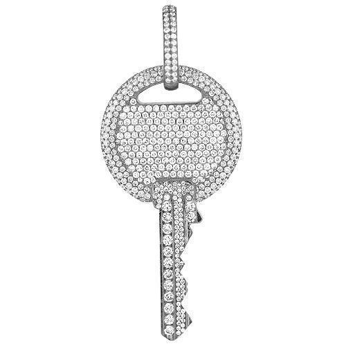 14K White Solid Gold Unisex Diamond Pave Set Custom Made Key Pendant 5.00 Ctw