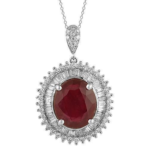 14K White Solid Gold Womens Diamond Gorgeous Oval Pendant With Ruby 0.94 Ctw