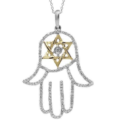 White 14K White Solid Gold Womens Diamond Hamsa Pendant 0.55 Ctw