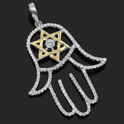 White 14K White Solid Gold Womens Diamond Hamsa Pendant 0.55 Ctw