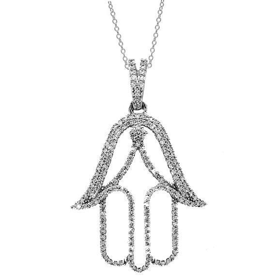 White 14K White Solid Gold Womens Diamond Hamsa Pendant 0.60 Ctw