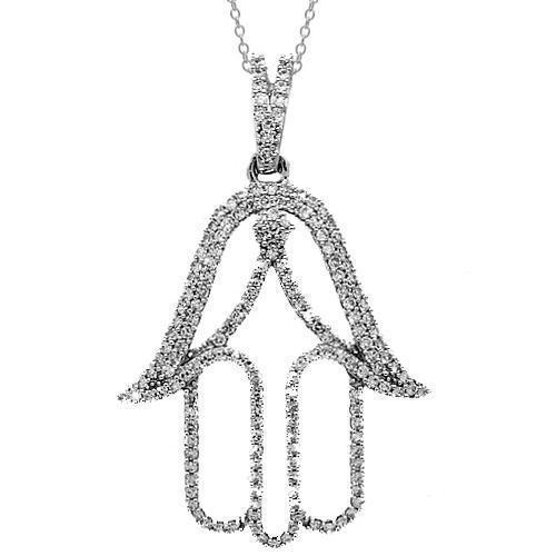 White 14K White Solid Gold Womens Diamond Hamsa Pendant 0.60 Ctw