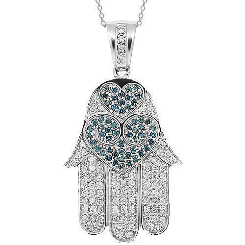 14K White Solid Gold Womens Diamond Hamsa Pendant with Blue Diamonds 1.75 Ctw