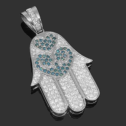 14K White Solid Gold Womens Diamond Hamsa Pendant with Blue Diamonds 1.75 Ctw