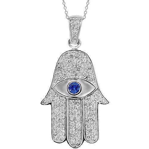 14K White Solid Gold Womens Diamond Sapphire Hamsa Pendant 2.21 Ctw