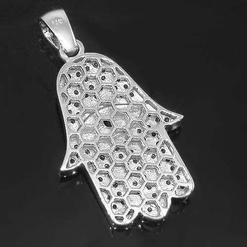 14K White Solid Gold Womens Diamond Sapphire Hamsa Pendant 2.21 Ctw