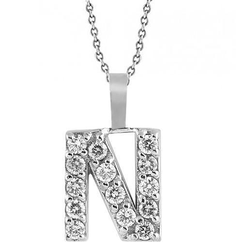 White 14K White Solid Gold Womens Initial Letter N Diamond Pendant 0.50 Ctw